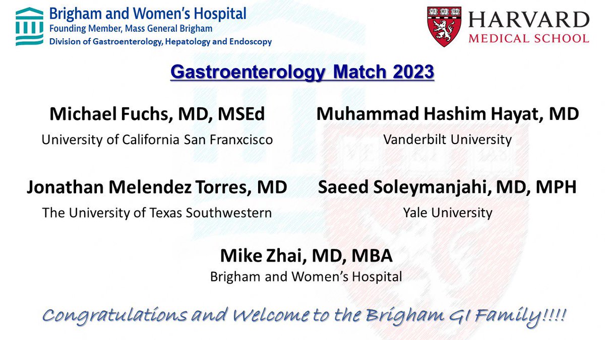 Brigham and Women's GI (@brighamgi) on Twitter photo We are excited to announce our incoming #BrighamGI fellows in July 2024! 🎉🍾🥳 #GIMatch
This class of amazing & talented #futureofGI will join us from: <a href="/UCSFDOM/">UCSF Department of Medicine</a> @VUMCMedicineRes <a href="/UTSWInternalMed/">UTSW Internal Medicine</a> <a href="/YaleIMed/">Yale Internal Medicine</a> <a href="/BrighamMedRes/">Brigham and Women's Medicine Residents</a>
Welcome to the <a href="/BrighamWomens/">Brigham and Women's Hospital</a> <a href="/harvardmed/">Harvard Medical School</a> family ❤️ We are excited to announce our incoming #BrighamGI fellows in July 2024! 🎉🍾🥳 #GIMatch
This class of amazing & talented #futureofGI will join us from: <a href="/UCSFDOM/">UCSF Department of Medicine</a> @VUMCMedicineRes <a href="/UTSWInternalMed/">UTSW Internal Medicine</a> <a href="/YaleIMed/">Yale Internal Medicine</a> <a href="/BrighamMedRes/">Brigham and Women's Medicine Residents</a>
Welcome to the <a href="/BrighamWomens/">Brigham and Women's Hospital</a> <a href="/harvardmed/">Harvard Medical School</a> family ❤️