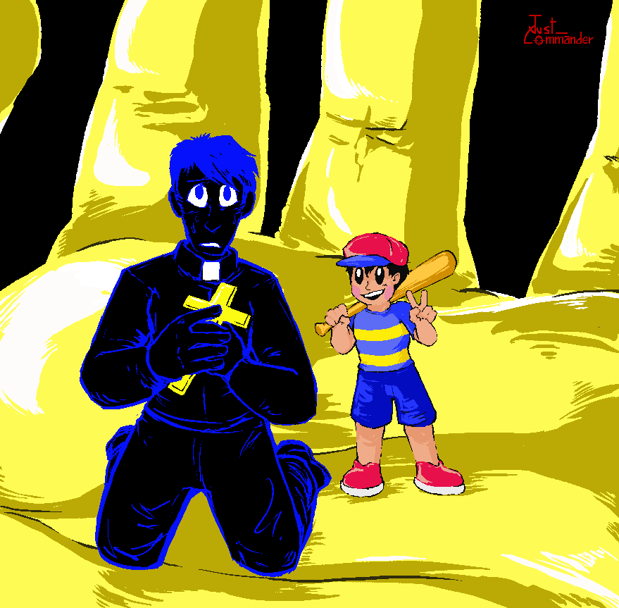 just_commander's tweet photo. A Kaiju, a priest and an Esper child. 

What do these three have in common? 
Just a red unholy abomination that does not love them and some divine intervention on their side.

Bonus: Acacius POV. 
Look at that sassy child.

#faiththeunholytrinity
#earthbound
#godzillacreepypasta https://t.co/NA2DMBLPS3