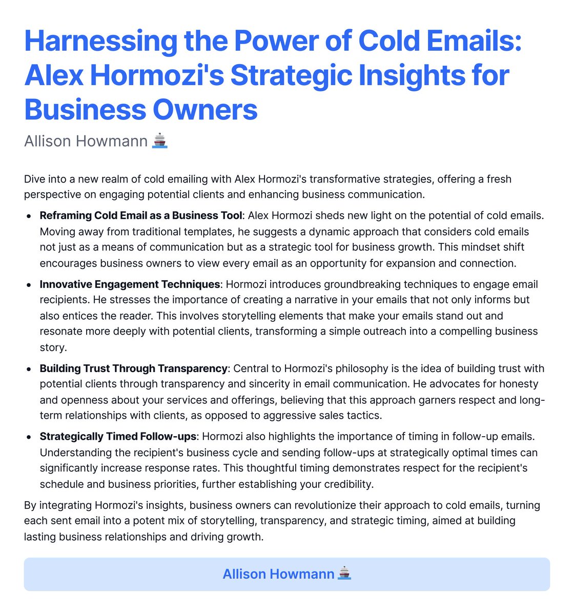 Harnessing the Power of Cold Emails: Alex Hormozi's Strategic Insights for Business Owners #ColdEmailInsights #BusinessStrategy #EmailStorytelling #HormoziTechniques #ClientEngagement #EmailTransparency #MarketingSuccess #SalesInnovation #ClientRelationships #EffectiveFollowUp