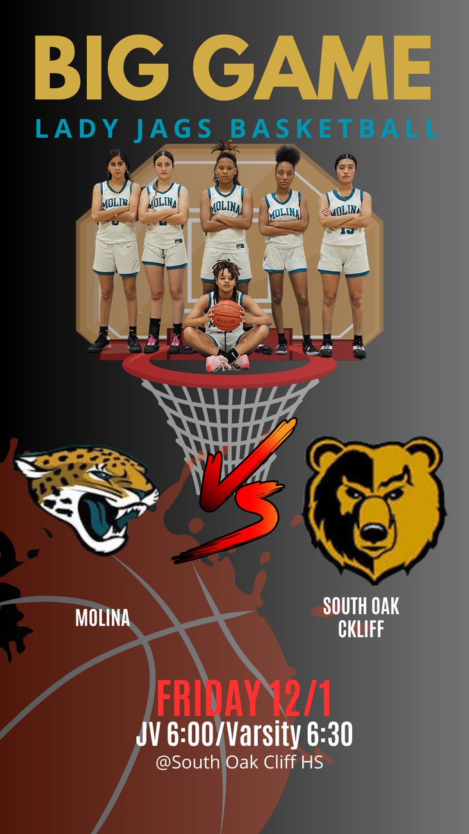 MolinaGirlsHoop's tweet photo. Big Game!!! Come support us away at South Oak Cliff this Friday.
#WeAreLadyJagsBasketball
@aformica13 @coach_balderas @Coachbru3 @JacobNunez27 @MolinaHigh https://t.co/6piY9XSdFO
