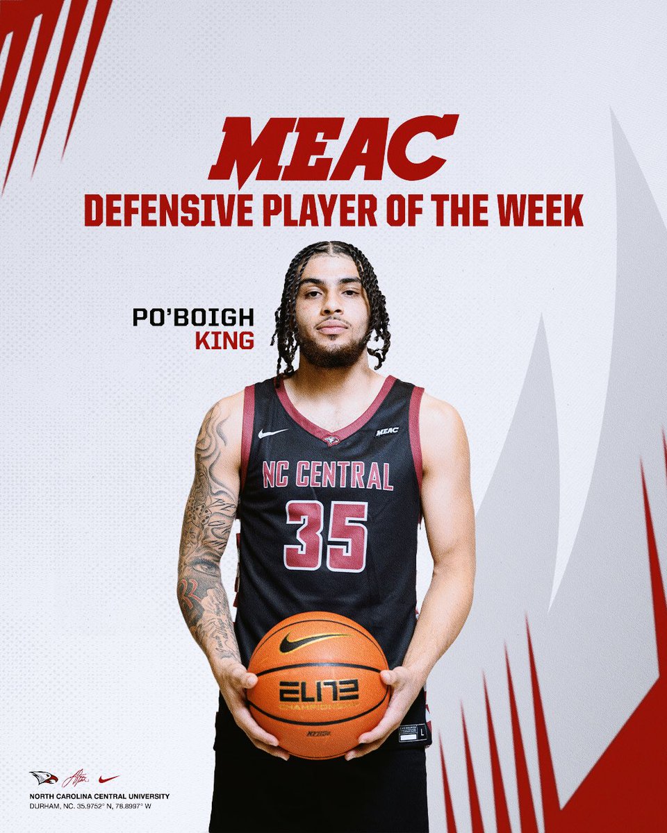 Congratulations go out to <a href="/poboigh2/">kingp_5</a> for being named the @meacsports Defensive Player of the Week! He averaged 8.5 rebounds and 1.5 steals this past week. Congratulations Po!

#EarnedNotGiven #WeAreNCCU 🦅🏀