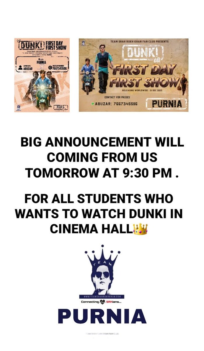 SRKsNexusRift's tweet photo. SRKians get ready for the biggest announcement from #TeamSrkPurnia .
@teamsrkfc @JawanKiSena 
#ShahRukhKhan #teamsrkfc #Dunki https://t.co/7hcncLbX3n