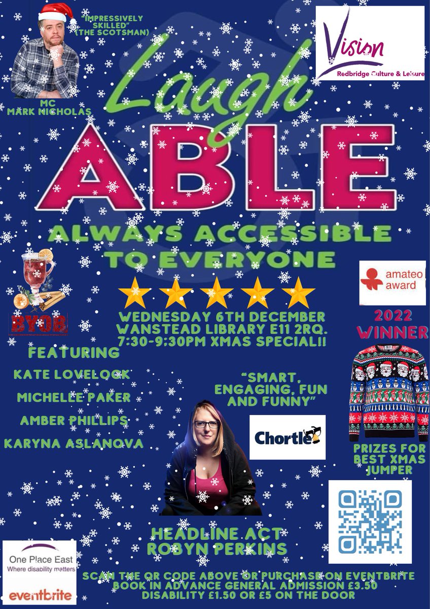 Mark Nicholas Comic (@mnicholascomic) on Twitter photo 1 WEEK to go until Laugh-Able Xmas Special 6/12
<a href="/laughable_night/">@laughablecomedynight</a>
<a href="/robynHperkins/">robyn perkins</a>
BYOB
PRIZES FOR BEST XMAS JUMPERS
MULLED WINE AND MINCE PIES
FULLY ACCESSIBLE
AWARD WINNING COMEDY
Dive Dive Dive
Wanstead Library Redbridge Libraries
eventbrite.co.uk/e/6th-december…
#comedy
#disability 1 WEEK to go until Laugh-Able Xmas Special 6/12
<a href="/laughable_night/">@laughablecomedynight</a>
<a href="/robynHperkins/">robyn perkins</a>
BYOB
PRIZES FOR BEST XMAS JUMPERS
MULLED WINE AND MINCE PIES
FULLY ACCESSIBLE
AWARD WINNING COMEDY
Dive Dive Dive
Wanstead Library Redbridge Libraries
eventbrite.co.uk/e/6th-december…
#comedy
#disability