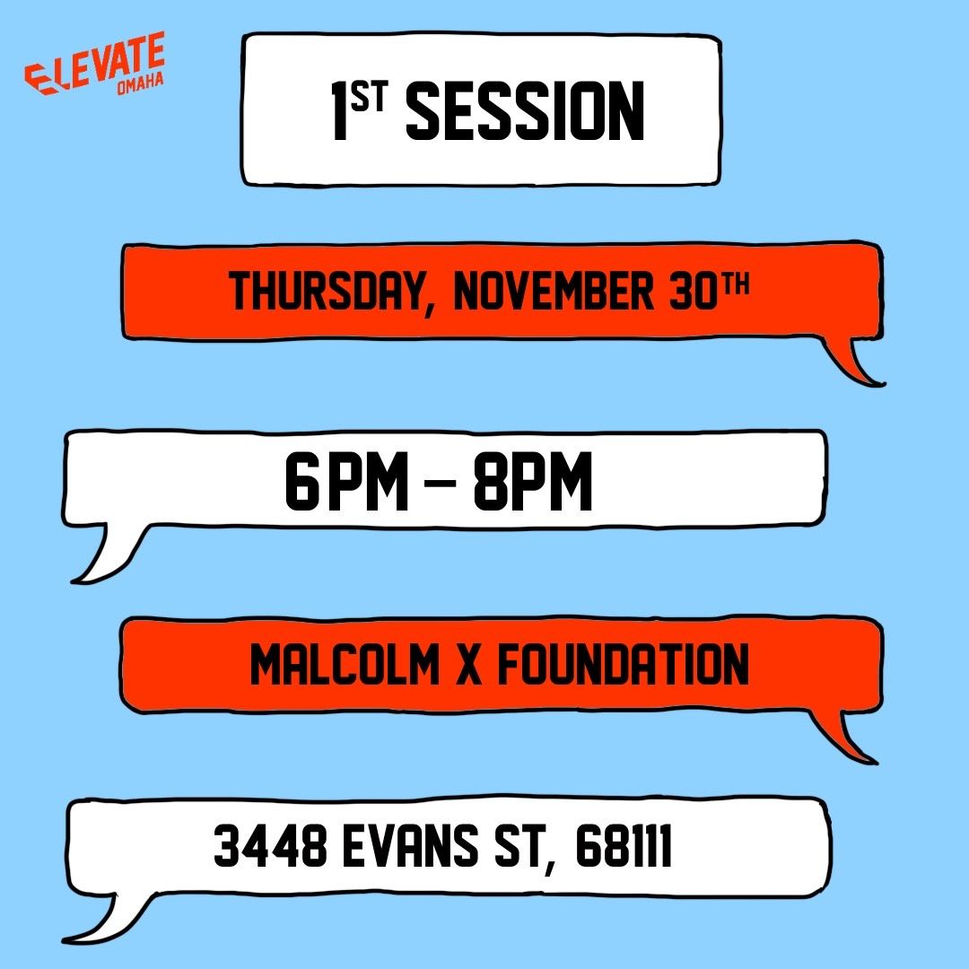elevate_omaha's tweet photo. Our first listening session is tomorrow Nov. 30th from 6pm-8pm at the Malcolm X Foundation.

Please attend one of our listening sessions for your ideas to be directly applied to our work in the community - RSVP at the link in our bio!

Images designed by @_von.draws https://t.co/BCQsPDy3fb