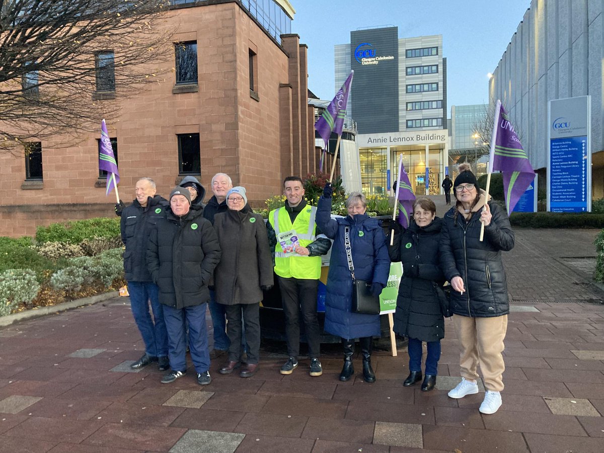 unisonscot's tweet photo. Supporting UNISON members at Glasgow Caledonian University on strike for fair pay. From Monday to Thursday, a mix of selective and all-out action is taking place. Let's urge GCU to step up and pay workers fairly! #UNISONstrikes https://t.co/pikcQ8l3nS