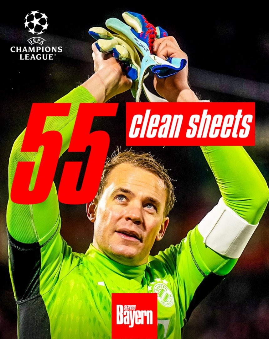 Manuel Neuer consigue su clean sheet #55 en Champions League y se coloca a 4 del record de Iker Casillas

59 - Íker Casillas 🇪🇸
5️⃣5️⃣- Manuel Neuer🇩🇪
52-Gianluigi Buffon 🇮🇹
51-Edwin van der Sar 🇳🇱
49 - Petr Cech 🇨🇿