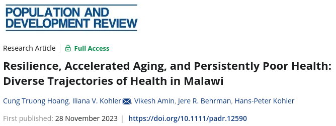MLSFH: Malawi Longitudinal Study Families & Health (@mlsfhresearch) on Twitter photo <a href="/MLSFHresearch/">MLSFH: Malawi Longitudinal Study Families & Health</a> documenting divergent trajectories of aging: Resilience, accelerated aging and persistently good good. Just out in PDR, adding to <a href="/PennPARC/">Population Aging Research Center at Penn</a> global aging studies! Great work Cung Hong, <a href="/IlianaKohler/">Iliana Kohler</a> and Team. onlinelibrary.wiley.com/doi/10.1111/pa… <a href="/MLSFHresearch/">MLSFH: Malawi Longitudinal Study Families & Health</a> documenting divergent trajectories of aging: Resilience, accelerated aging and persistently good good. Just out in PDR, adding to <a href="/PennPARC/">Population Aging Research Center at Penn</a> global aging studies! Great work Cung Hong, <a href="/IlianaKohler/">Iliana Kohler</a> and Team. onlinelibrary.wiley.com/doi/10.1111/pa…