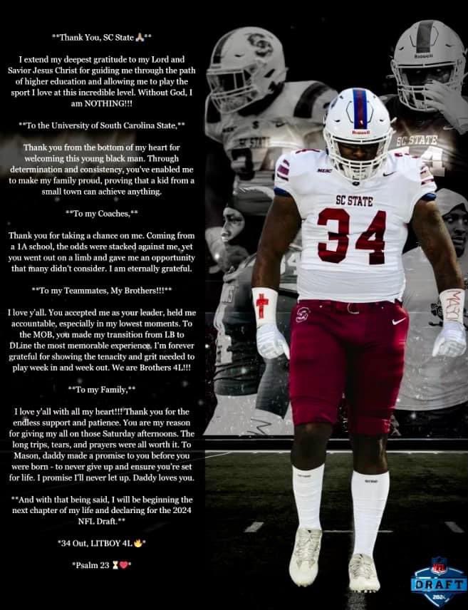 ladydi4sure_c's tweet photo. @___34los I am extremely proud of you and your many accomplishments as a student athlete at SCSU. You are the true embodiment of “The dawg gotta be in you not on you” as I watched you battle back from injury after injury never giving up on your dream. #Alumni #NFLbound ♥️💙🐶🐾 https://t.co/Gn2f9NSC1N