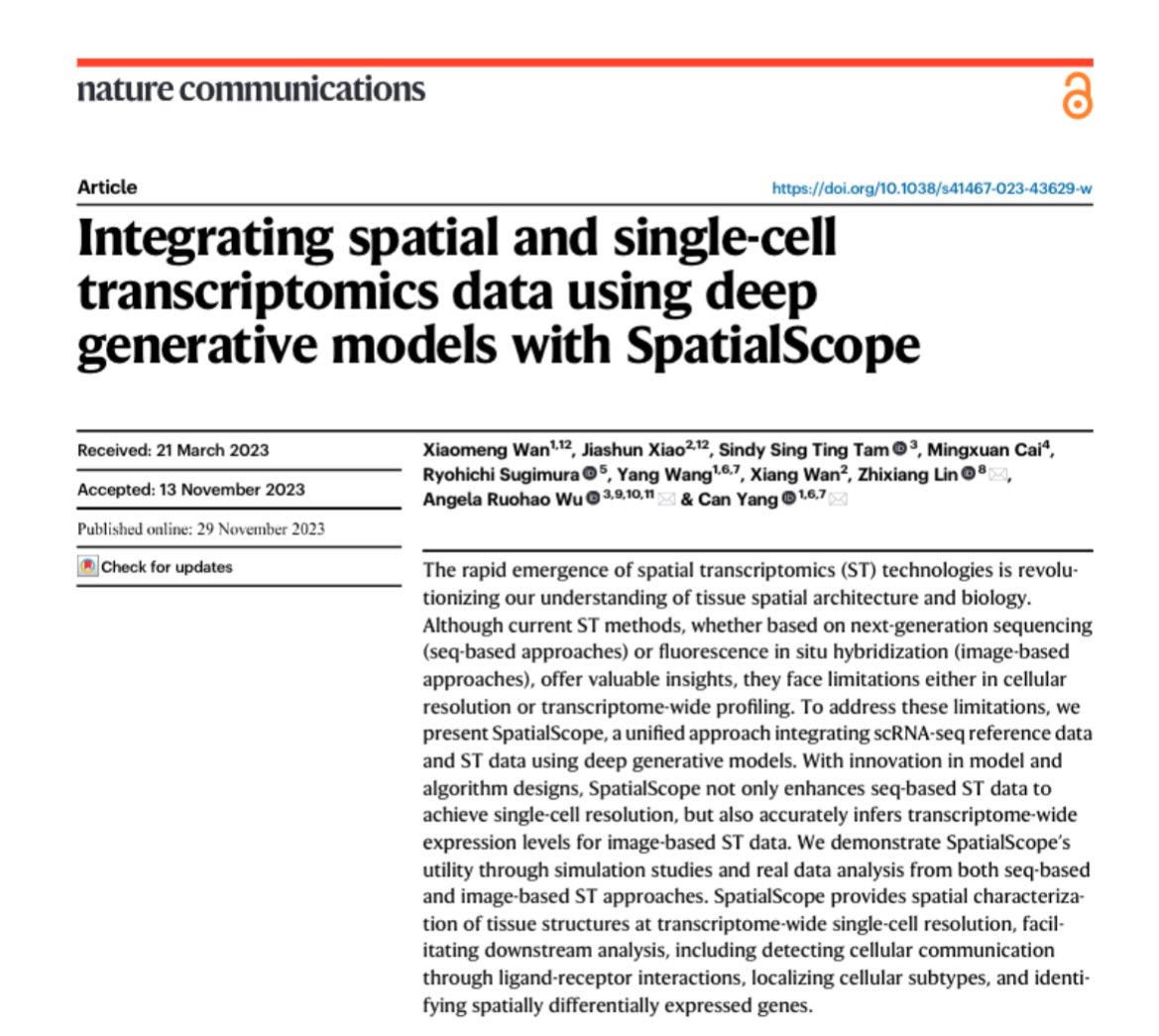 thewulab's tweet photo. We have a cool tool for getting whole transcriptomes from spatial-omics datasets, so you can do standard analyses on it! SpatialScope leverages deep generative models on scRNAseq atlases to produce whole tx data from sparse spatial data. 
https://t.co/QUlNY71ySx
Ask me Qs here! https://t.co/DohNp8HIiY