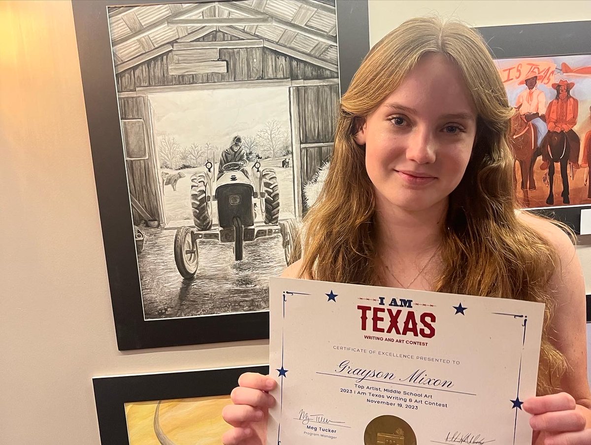 Lamar CISD (@lamarcisd) on Twitter photo Grayson Mixon, 8th grader from <a href="/WrightJHLions/">Wright Junior High</a> was named winner of the 2023 I Am Texas Writing and Art Contest hosted by The Bryan Museum in Galveston. She was recognized as the Top Middle School Art winner for the artwork, "Another Long Day.”
#TheWrightWay #LamarCISDProud Grayson Mixon, 8th grader from <a href="/WrightJHLions/">Wright Junior High</a> was named winner of the 2023 I Am Texas Writing and Art Contest hosted by The Bryan Museum in Galveston. She was recognized as the Top Middle School Art winner for the artwork, "Another Long Day.”
#TheWrightWay #LamarCISDProud