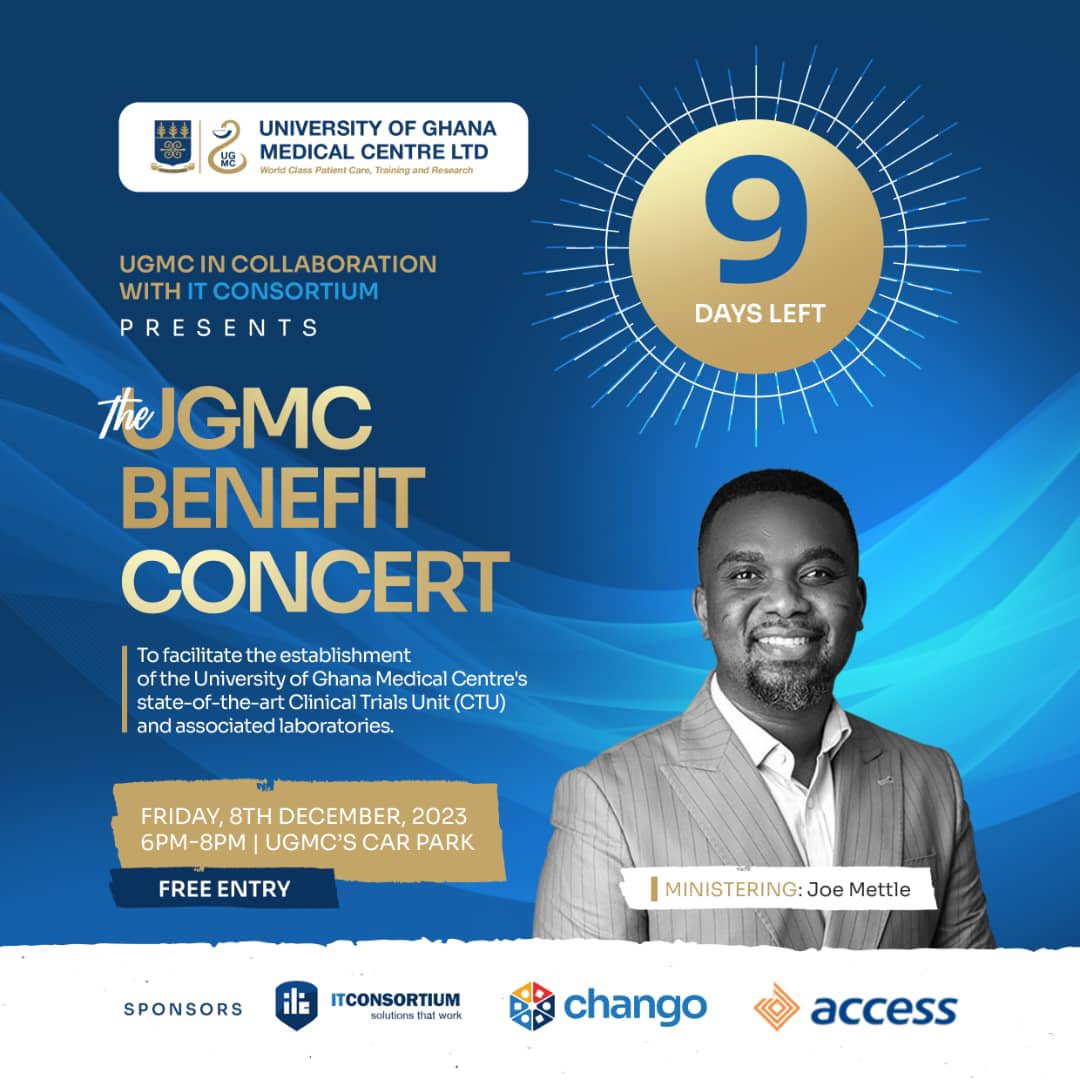 9 days to go . All roads lead to UGMC on Friday, Dec 8, 2023. Time: 6pm . It is going to be explosive!! 
@jmettle @mohgovgh @NMIMR_UG 
@Thechangoapp_rw 
#ClinicalTrials #BenefitConcert #UGMC  #Decemberevents #decemberinghana #musicalconcert #together #africa #yeswecan