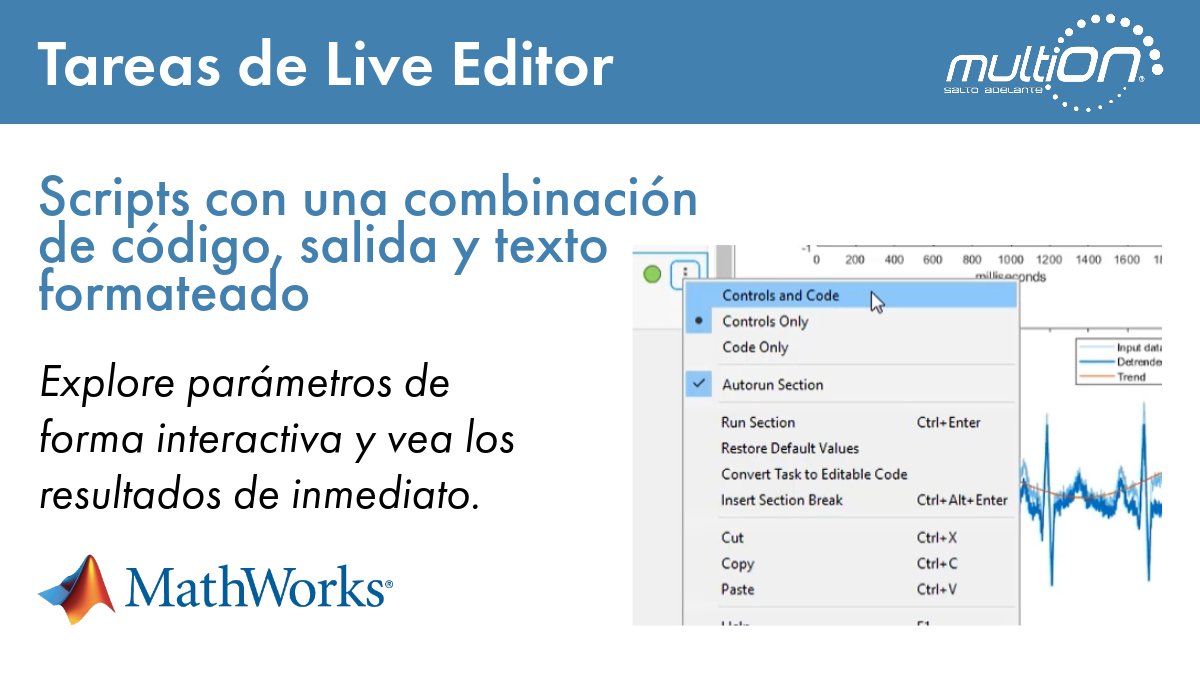 MATLAB_Mexico's tweet image. MATLAB #Live #Editor rebrand.ly/oeop08n Vea la salida y las #visualizaciones junto al código que ha generado. Mejore su código y resultados con texto #formateado, imágenes e hipervínculos. #software #MATLAB aquí: bit.ly/3qhcwwu #AI #data #maths #Toolbox #Simulink