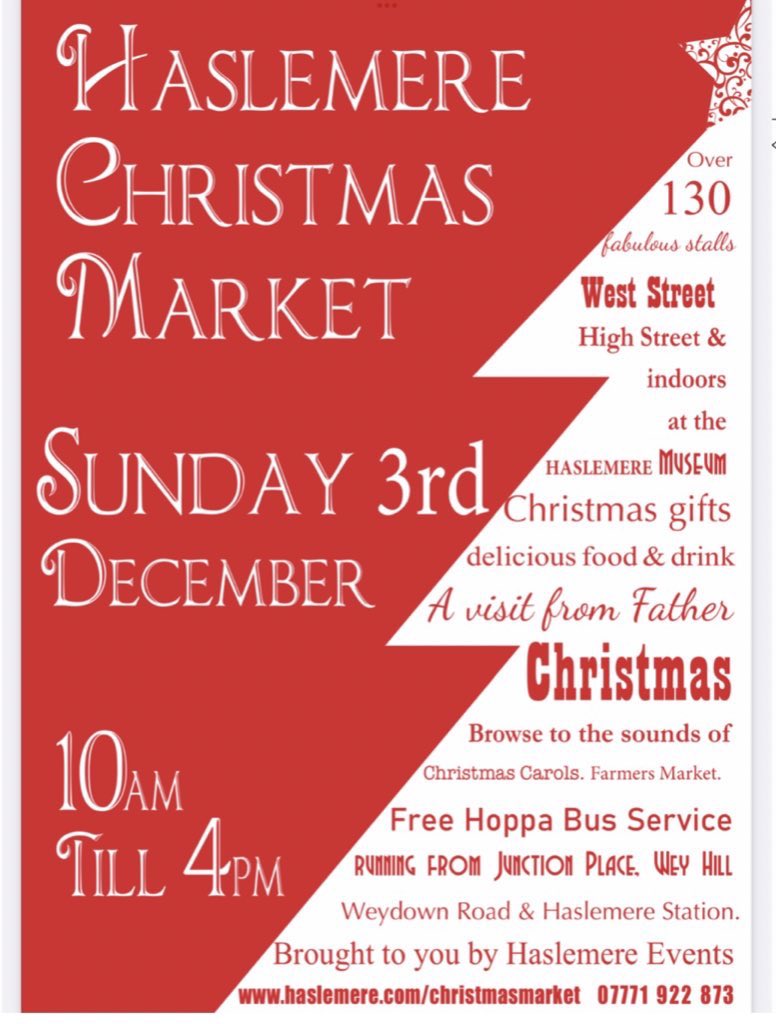 This Sunday in #Haslemere; The annual #ChristmasMarket from 10am to 4pm in the High Street and West Street. 

Plenty of stalls to tempt you and many of our retailers will also be open. 

Hoppa bus from the train station, Weydown Road, Wey Hill and Junction Place. 

See you there!