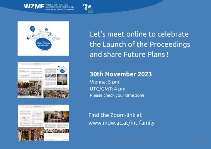 It's launch time! 🎶🎶 Tomorrow, 30th November, 4pm UK time, join us online to celebrate the release of proceedings from the #musictherapy with #families symposium, held at @wzmf_mdw #Vienna last year. @musictherapyuk @ChelwestMT @IMMmusicUK @wearechroma @soundorigins 🎶🎶