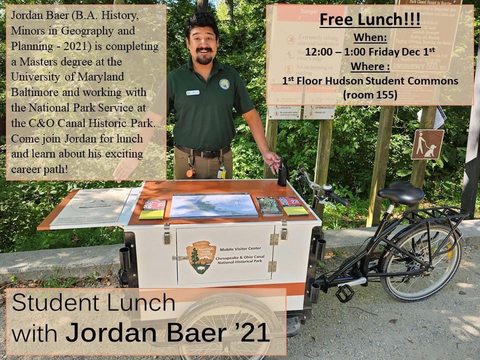 PlattsHistory's tweet photo. Jordan Baer, #SUNYplattsburgh alum, now completing a Master’s Degree at the University of Maryland Baltimore, will be hosting a lunch for current History Majors and Minors. It will take place at noon on December 1st in Room 155 of Hudson Hall. All are welcome to attend. https://t.co/ZDAblJCSFy