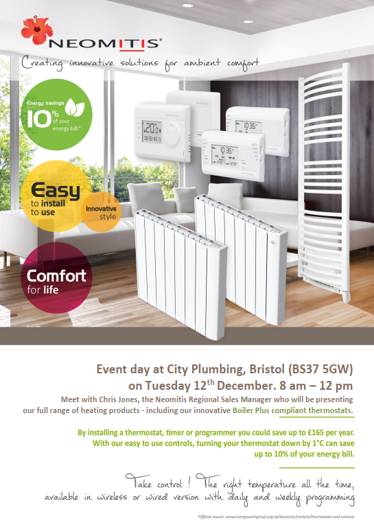 neomitis's tweet photo. Our RSM Chris Jones will be showcasing the #Neomitis product range at @CityPlumbingUK - Bristol (BS37 5GW) on Tuesday 12th December. 8 am – 12 pm📍
Visit to see how easy our products are to use and install! #Controlofchoice📷
#Thermostat #Electric #Radiators #TowelWarmers https://t.co/IJdwVY9RSV