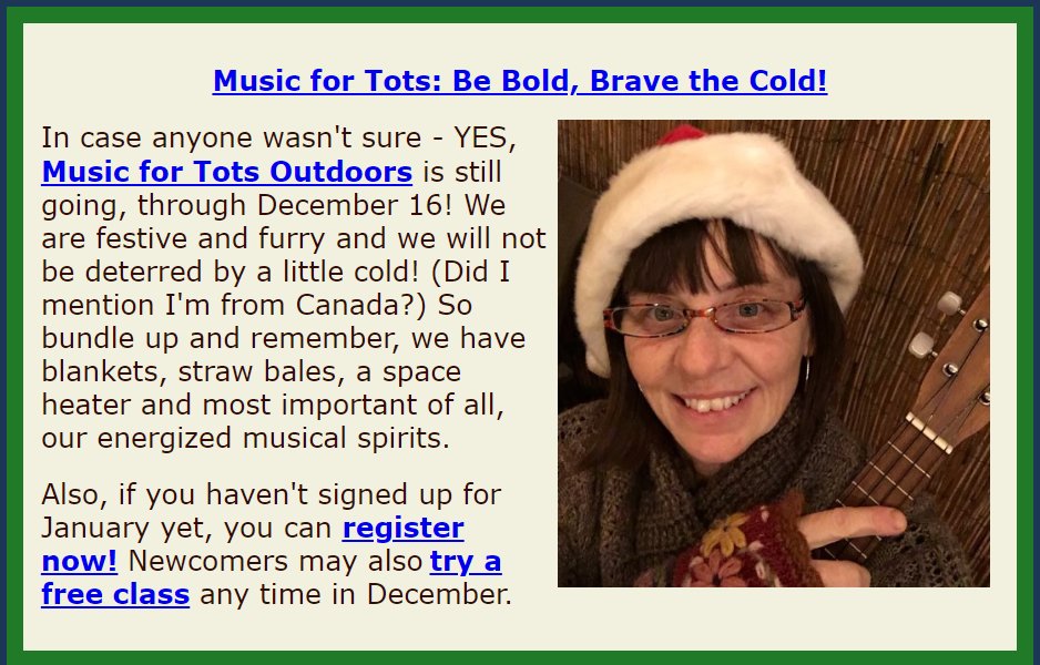 Music for Tots - Be bold, brave the cold!
app.mainstreetsites.com/dmn2680/UserEm…

#MusicForTots #SouthSeattle #OutdoorMusicLessons #MusicLessons #HomeSchoolMusic #MissCharlotte