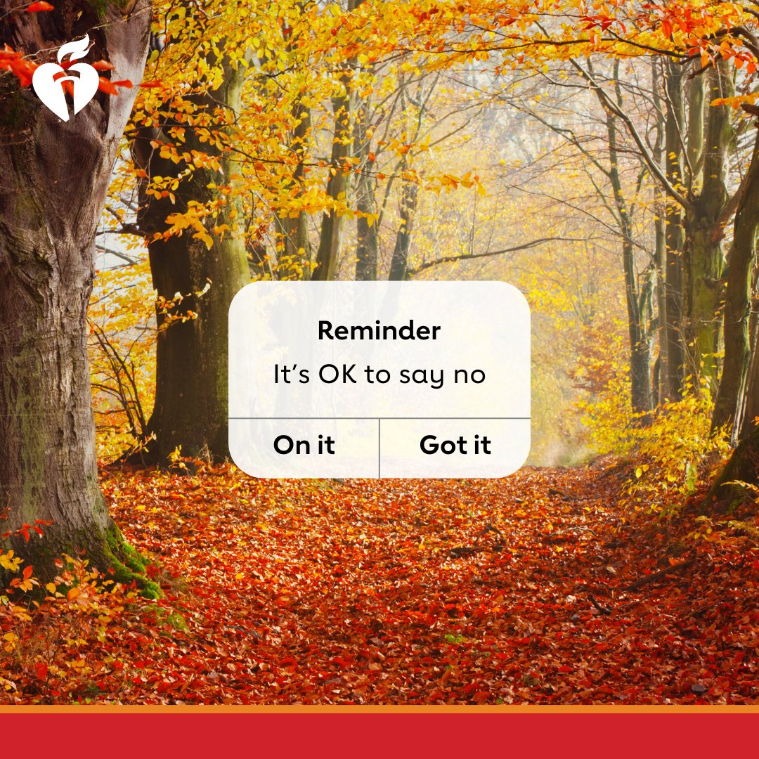 American_Heart's tweet photo. Learning how to say no is a great stress reliever! It’s OK to politely decline invitations or requests that will overwhelm you. Your well-being comes first. #RestfulNotStressful https://t.co/ZphdVqXOuo