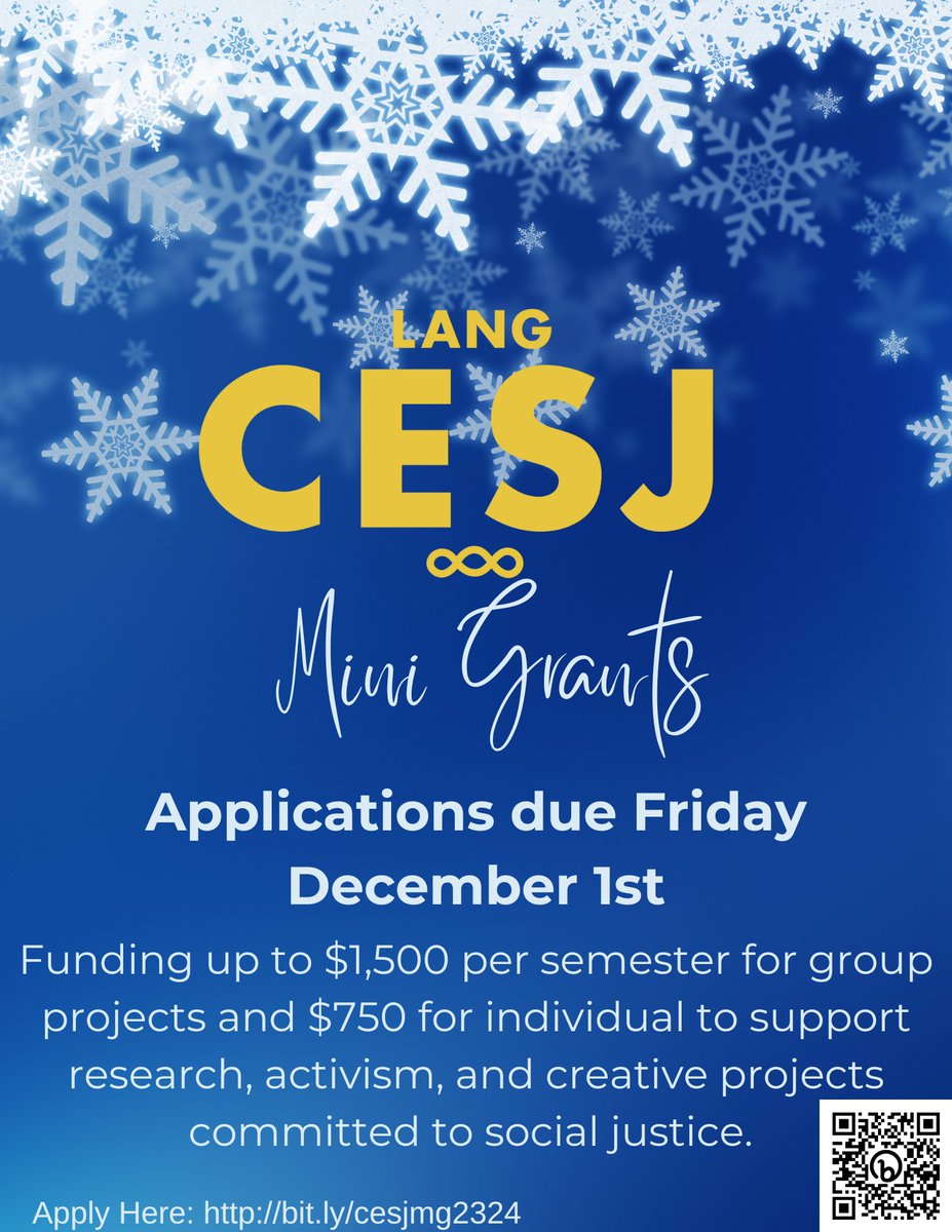 Applications for December's Mini Grants are due this Friday the 1st <a href="/11/">Eleven</a>:59 pm. CESJ Mini-Grants are small grants up to $750 for individual Lang students and $1500 for groups across the university with at least one Lang student member.