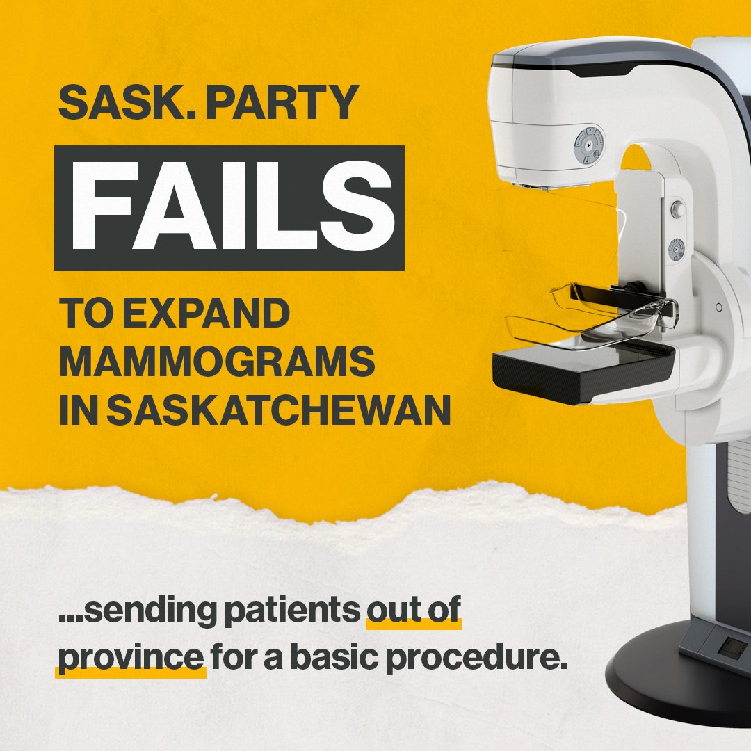 Women in Saskatchewan now have to travel out of province for basic breast cancer screenings. 

This is what 16 years of Sask. Party mismanagement gets you.

#SKpoli #CDNPoli #Saskatchewan #Sask #BreastCancerScreenings #Mammograms