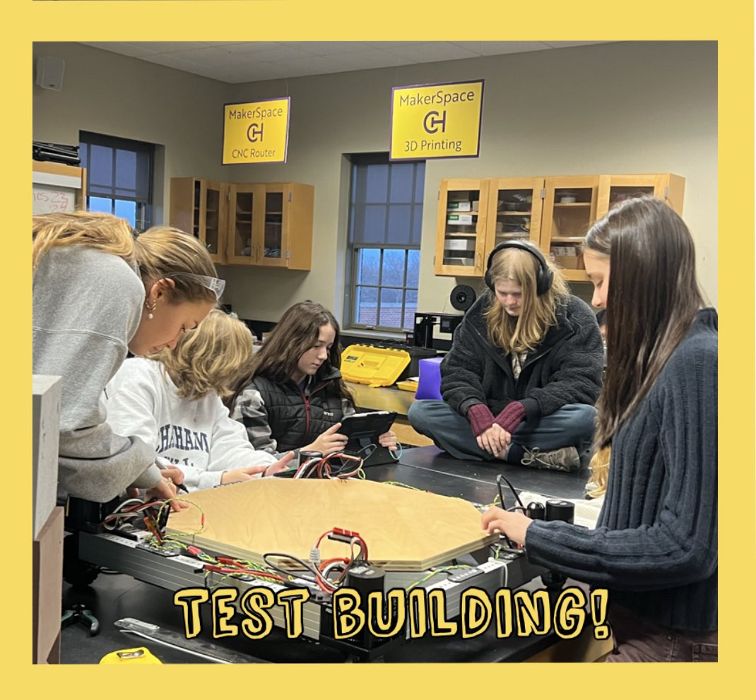 FRC9003's tweet photo. The team is back to work after their off-campus opportunity yesterday! Today, the TuTu Turtles are working on the control system for a test chassis💛💜⚙️⚙️ https://t.co/yBuBQu3nV5