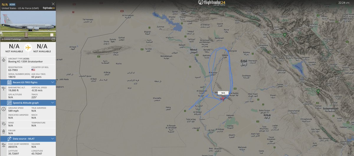 #USAF KC-135R stratotanker on the flight radar, currently circling to the north of iraq at 19K feet. #AE037A