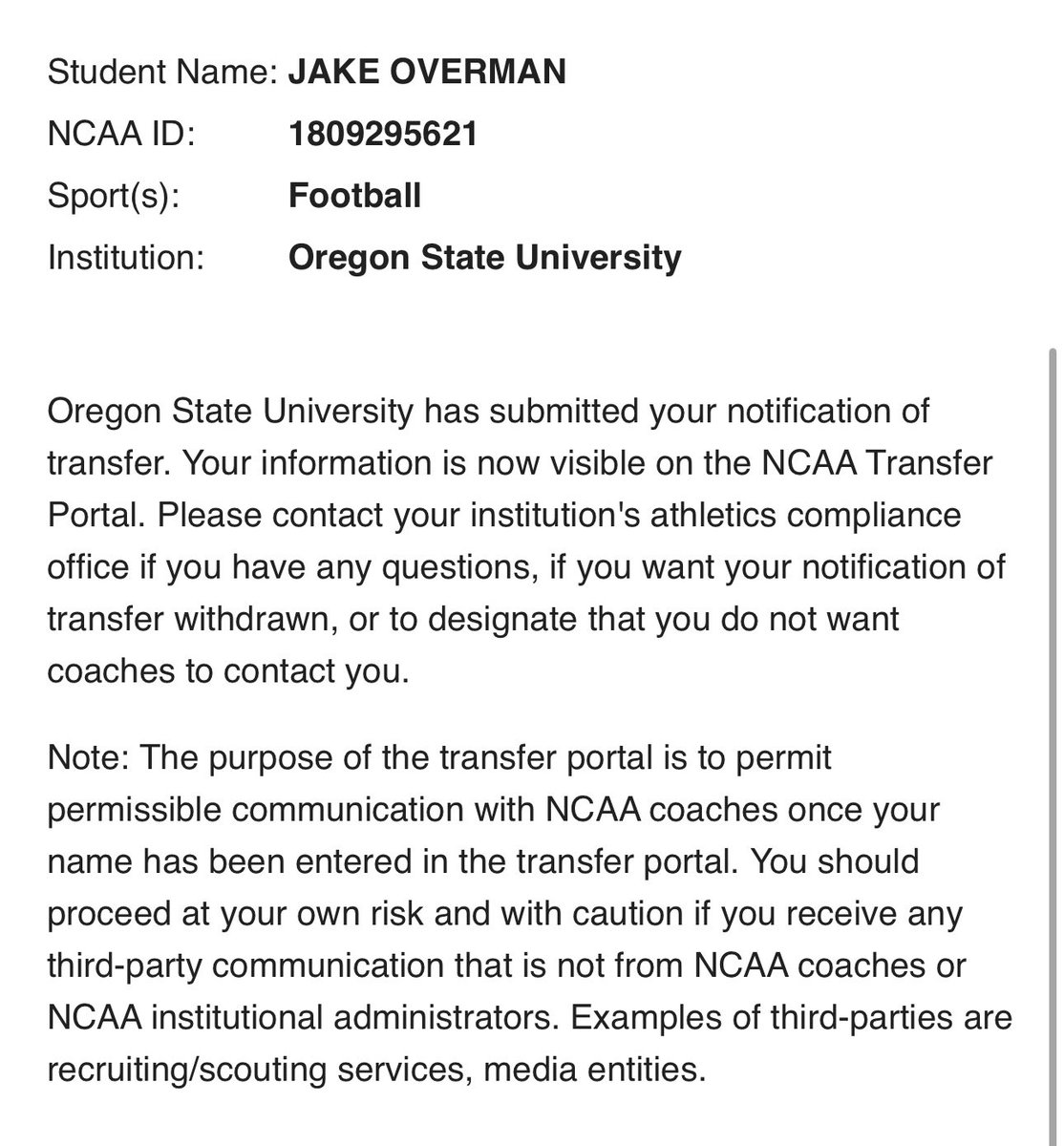 jakeovermanz's tweet photo. It’s official, I am now in the NCAA Transfer Portal. https://t.co/SyDYiHMxH0