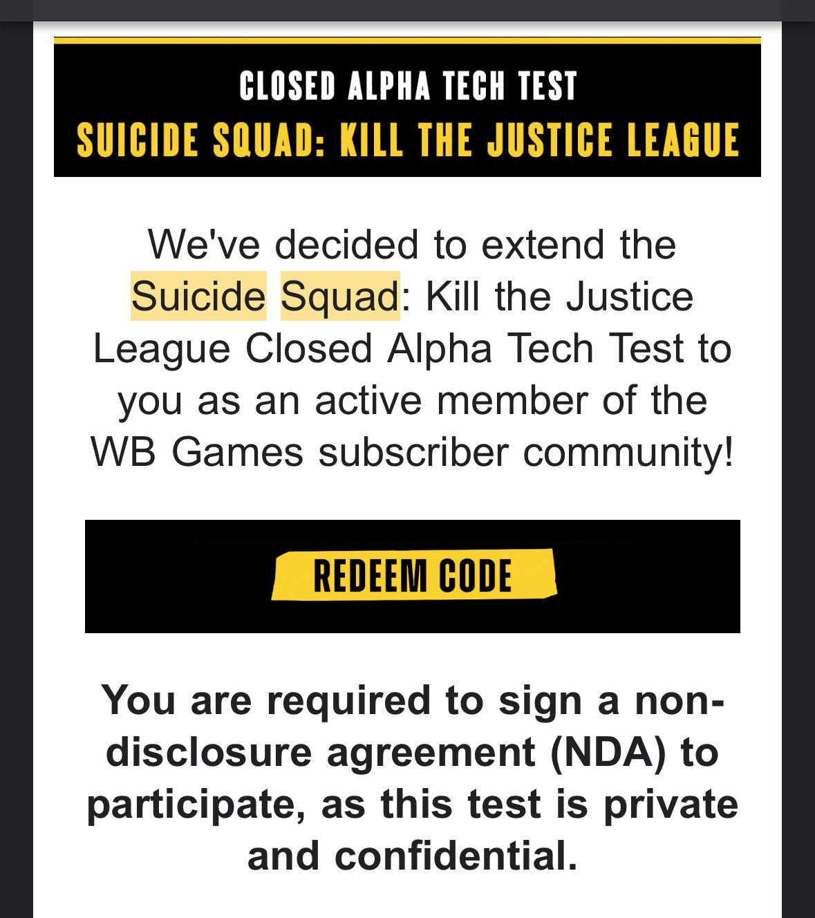 𝓘𝓽𝓼 𝓙𝓾𝓼𝓽 𝓜𝓮 𝓤𝓬𝓮  𝒥𝑒𝓎 𝒰𝓈𝑜 𝐹𝒶𝓃 on X: It looks like the  closed alpha tech test beta for Suicide Squad Kill The Justice League  requires NDA it just means you