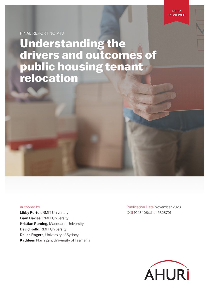 The report, ‘Understanding the drivers and outcomes of public housing tenant relocation’, undertaken by researchers from @RMIT, @Macquarie_Uni, @Sydney_Uni and @UTAS_ can be downloaded from the AHURI website at bit.ly/46GHge5