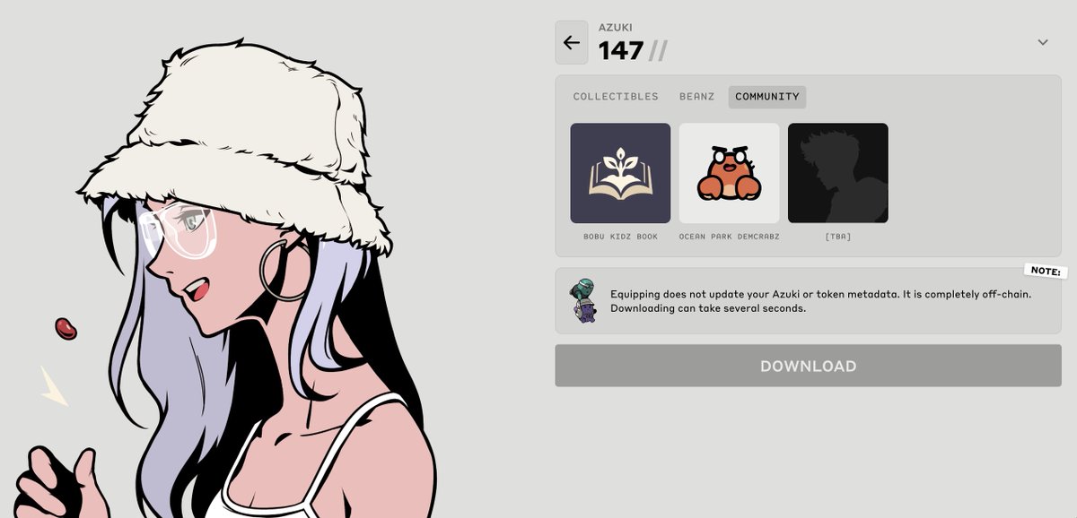 New community equips available now in the Azuki Collector’s Profile:
📘A Blooming Trilogy by <a href="/BobuKidzBooks/">Bobu’s Kidz Books</a>  
🦀DemCrabz Plushie by <a href="/thisisoceanpark/">Ocean Park 🐔</a>  
🐱TBA