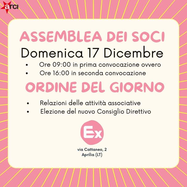 💥Cara socia/o, il 17 dicembre alle 16.00 si svolgerà l’assemblea generale dei soci con la relazione delle attività e l’elezione del nuovo  direttivo. Ti invitiamo all'assemblea; ci farebbe piacere ascoltare la tua opinione e valutare insieme possibilità e necessità dell’ex matta