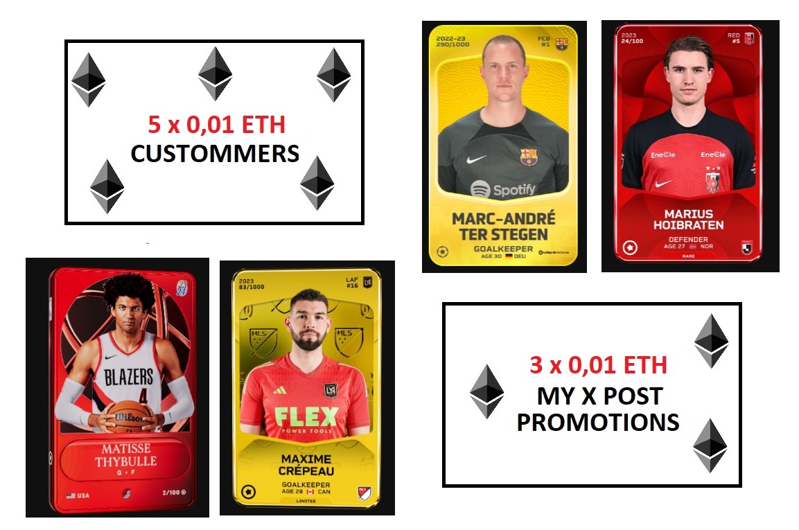PawelTrader_'s tweet image. 2ND/24h @Sorare Challenge:

1️⃣ 4 Cards from Screen + 5 x 0,01 ETH - for random 9 people who will buy or swap anything from me
2️⃣ Swap All My Cards for 123% within next 24 hours
3️⃣ 3 x 0,01 ETH for 3 random people - like/share/follow me/comment Sorare name

Results in comment.