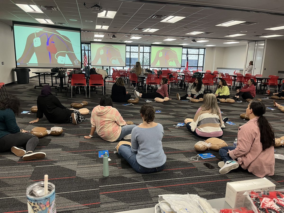 NurseLander's tweet photo. @LacyMorrow16 and fellow nurses teaching @CMSWestWrangler staff how to save lives! #CISDHealthServices #CISDMissionPossible https://t.co/ggO8YthSlS