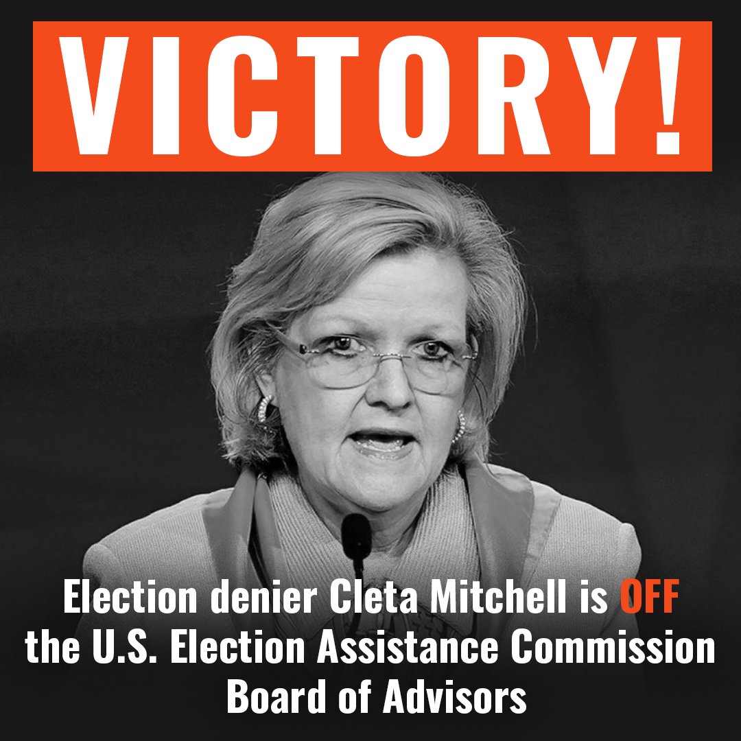 FSFP's tweet image. BREAKING: Election Denier Cleta Mitchell Will Not Return to the U.S. Election Assistance Commission’s Board of Advisors Following Advocacy from Public Interest Groups. W/@GenVoteUS  freespeechforpeople.org/?p=23091&amp;amp;previ…