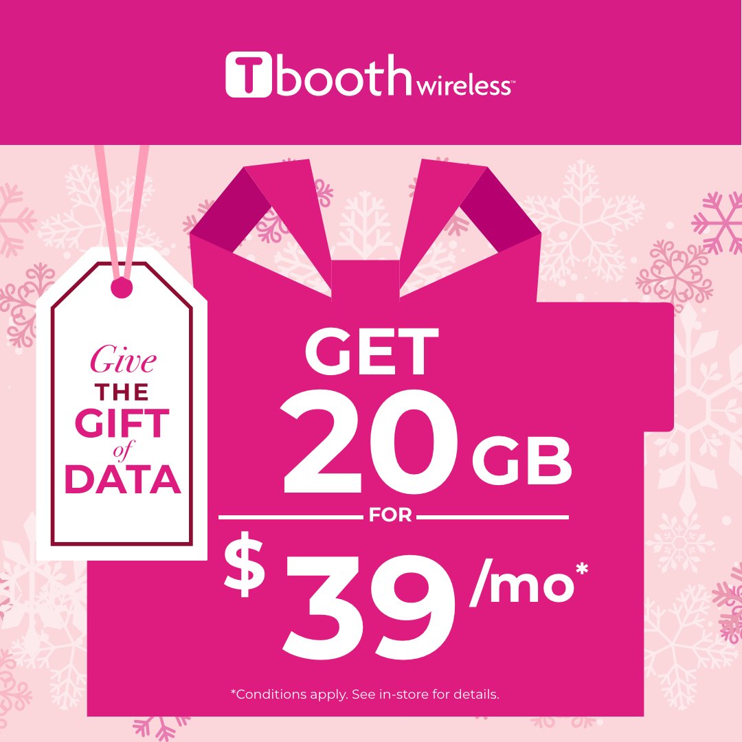 Tboothwireless's tweet photo. Dive into the holiday magic with @Tboothwireless! Get 20 GB for $39/month and make this holiday season extra special. Conditions apply, offers subject to change. Ask in-store for details.

Visit us today to learn more: https://t.co/9w60iQjOUi https://t.co/WQStBHeOjy