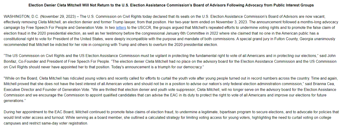 ericgeller's tweet image. .@USCCRgov has allowed election denier Cleta Mitchell's appointment to the @EACgov's Board of Advisors to expire, seemingly yielding to pressure from activists like @FSFP not to reappoint Mitchell to one of the two USCCR seats on the federal election agency's advisory panel.