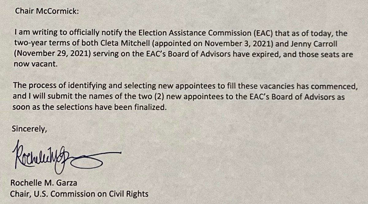 ericgeller's tweet image. .@USCCRgov has allowed election denier Cleta Mitchell's appointment to the @EACgov's Board of Advisors to expire, seemingly yielding to pressure from activists like @FSFP not to reappoint Mitchell to one of the two USCCR seats on the federal election agency's advisory panel.