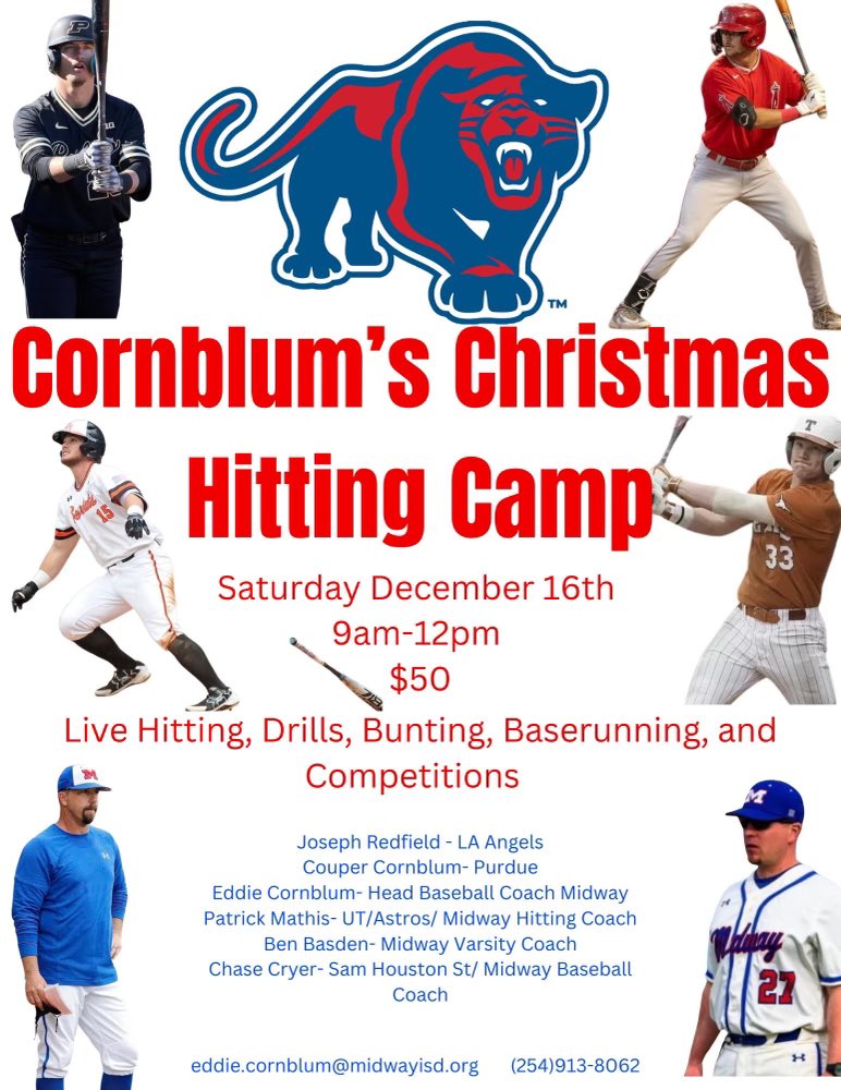 Come hit with us! Our Christmas Hitting Camp is open to all players K-6th grade, as well as any players in 7th or 8th grade who live outside of the MISD attendance zone. Register by contacting Coach Cornblum via the email or phone posted. Pay through Venmo to @ Eddie-Cornblum.