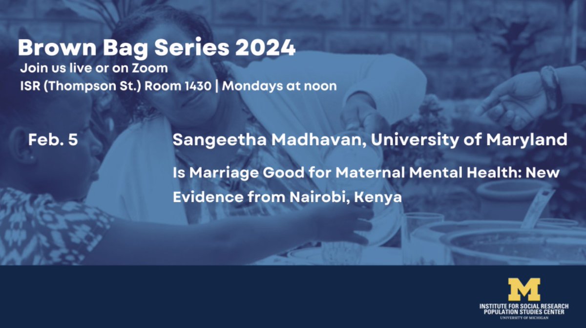 Research has shown that relationship quality and social support are key correlates of the mental health of mothers, but most evidence is based on western contexts. Sangeetha Madhavan @socyumd presents evidence from Kenya at the next @UM_PSC brown bag: psc.isr.umich.edu/events/madhava…