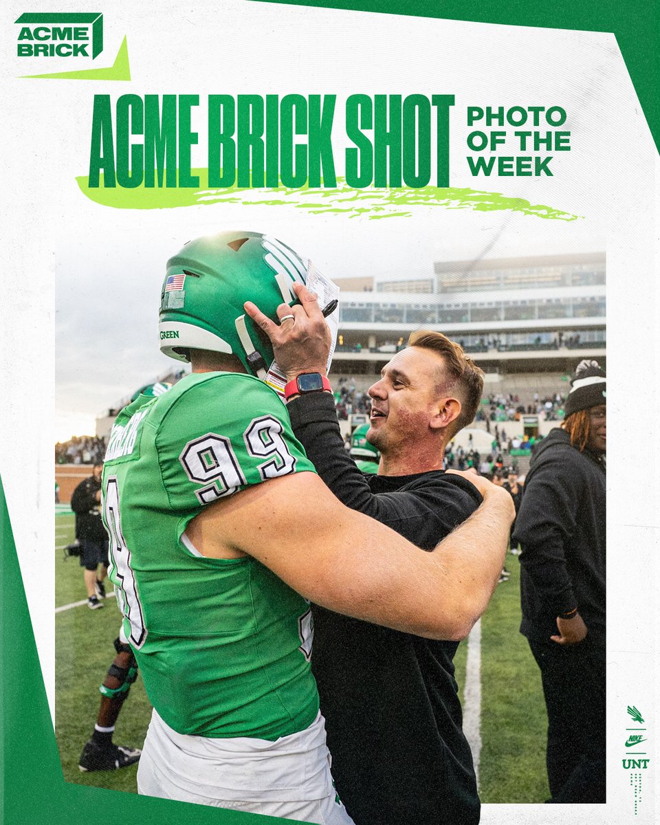 📸 @AcmeBrick Photo of the Week @Noah_Rausch99 and @__CoachMorris celebrating the walk-off winning field goal. #GMG x #TakeFlightUNT 🟢🦅