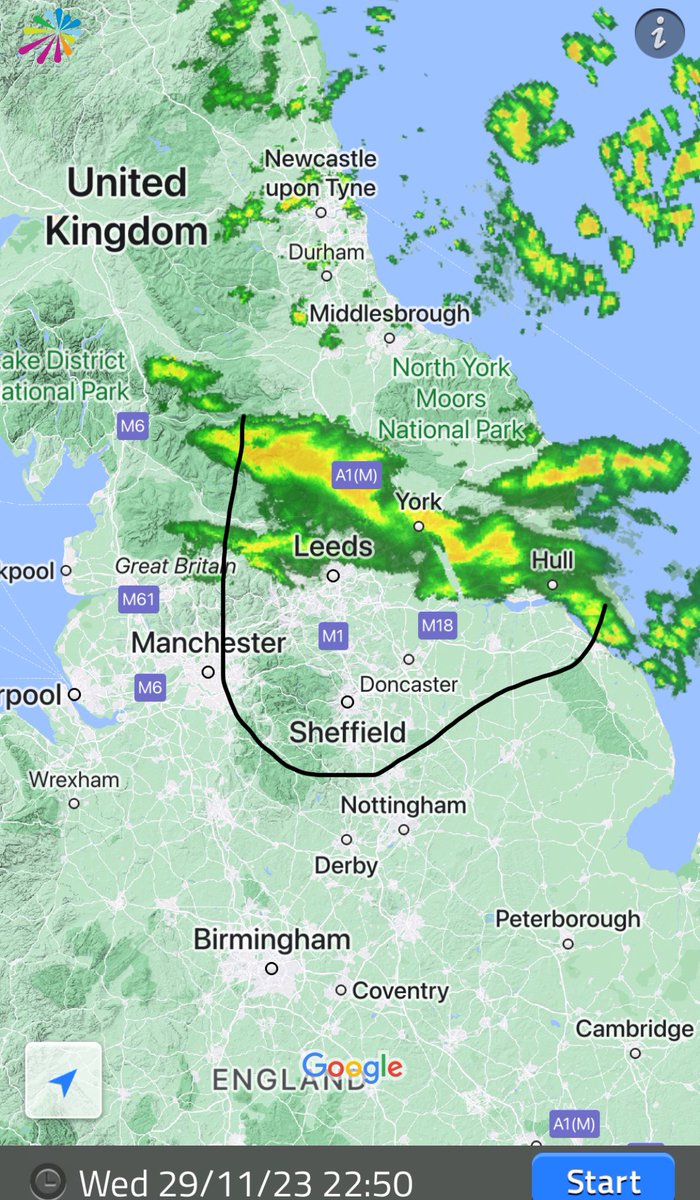 The area of precipitation is now located here - area I've outlined is at risk of a covering or 1-2cm of snow. Some precipitation is developing ahead of it. It's possible it makes it farther inland than I've outlined, these little disturbances are a pain to forecast.