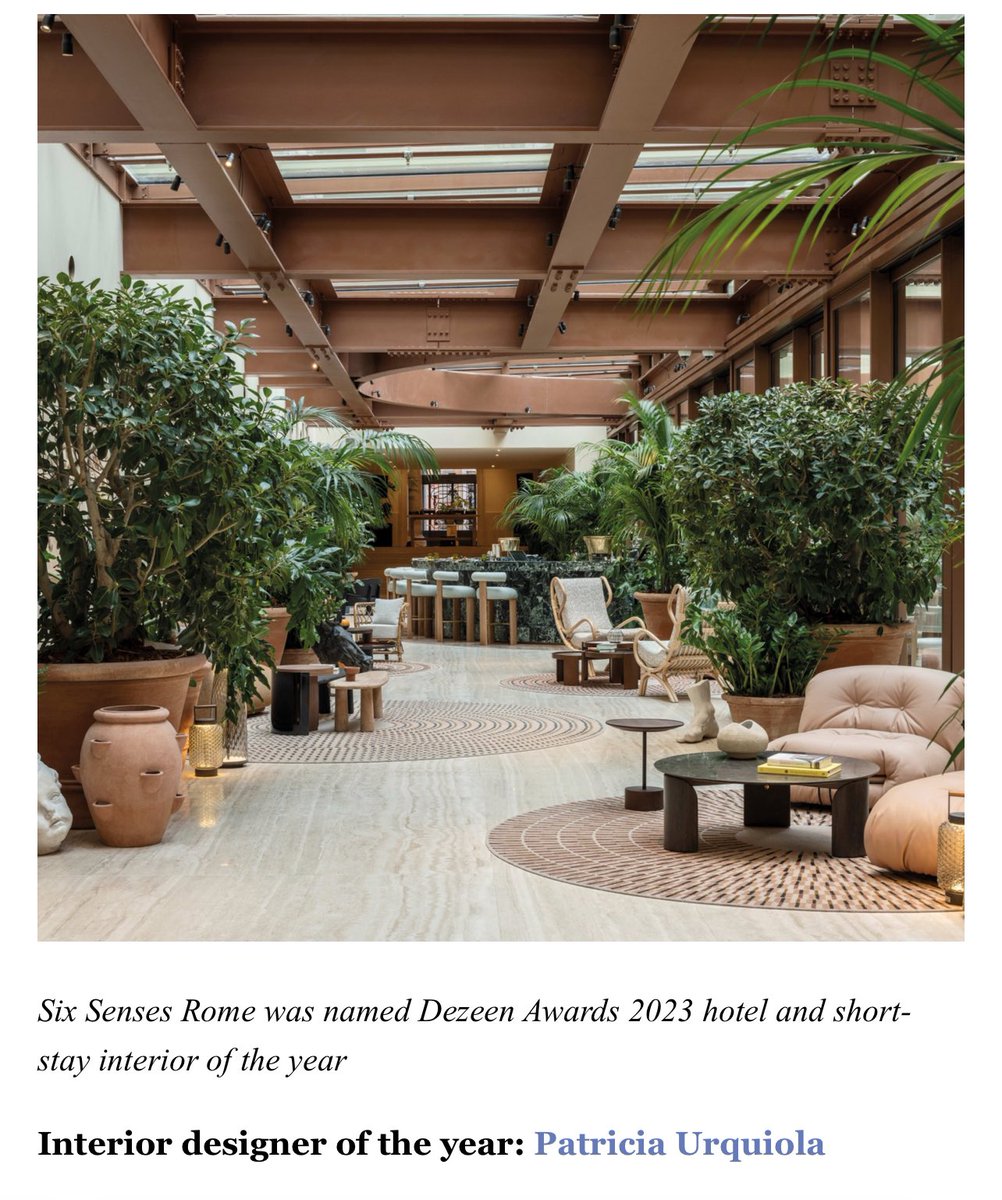 Dezeen Awards Patricia Urquiola Interior Designer of Year and Six Senses Hotel Rome Hotel and shot stay interior of the year. #dezeen #patriciaurquiola #sixsenses