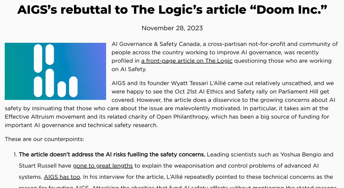 In a recent article featuring AIGS, <a href="/the_logic/">The Logic</a> ignored the growing chorus of concerns about AI risks from scientists, and insinuated the AI safety movement is financially and ideologically motivated. This is our rebuttal: aigs.ca/news/231128-re…