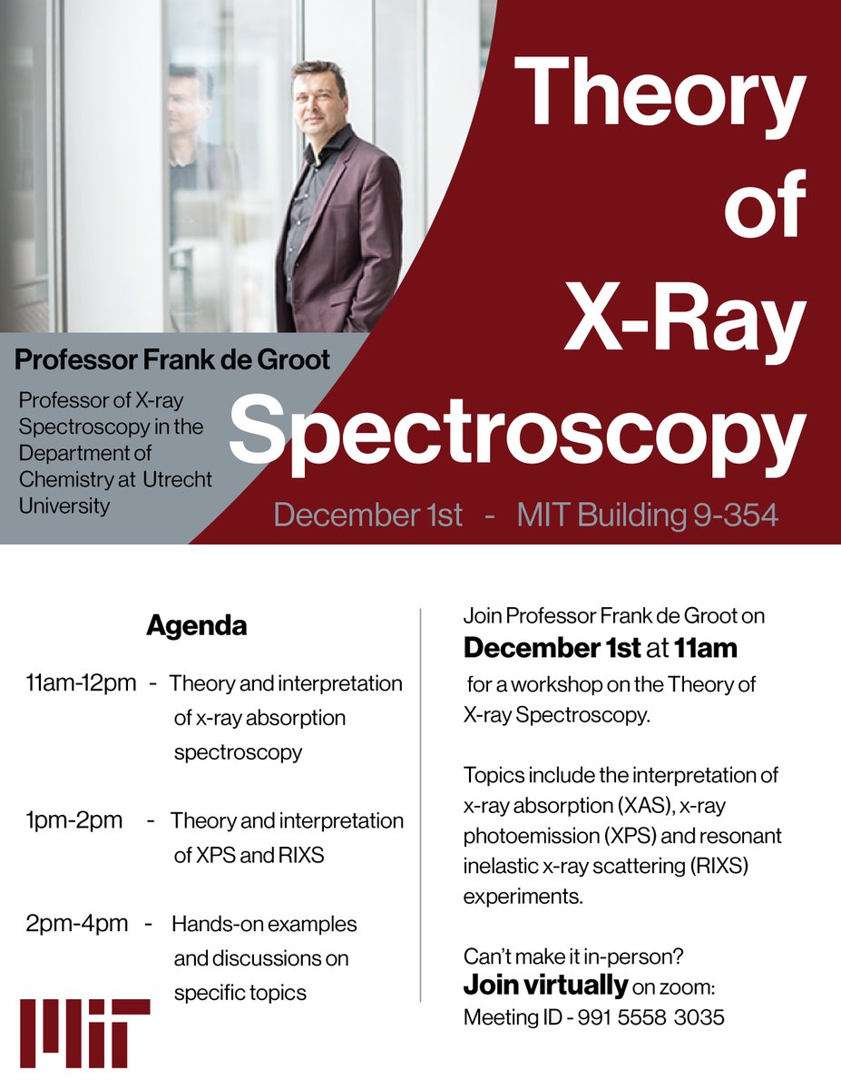 2 seminars in one day? Yes please!

Please join us this Friday, December 1st, at 11am, in-person (9-354) or via zoom (991 5558 3035), for a seminar on the “Theory of X-Ray Spectroscopy” by Professor Frank de Groot from <a href="/UniUtrecht/">Utrecht University</a>!