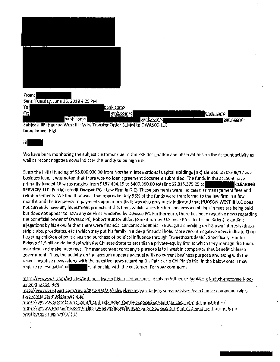 charliekirk11's tweet photo. 🚨🚨BREAKING: House Oversight has just shared a 2018 bank email flagging Hunter Biden's pay for play China money as obvious money laundering – $40,000 of which ended up in Joe Biden’s personal account.  

The bank’s money laundering investigator flagged  the flow of money because it checked the following boxes: 

- Erratic Payments
- No Obvious Services Rendered  
- No Current Business Purpose
- Known China Strategy to Purchase Political Influence through children of politicians

Joe and Hunter Biden's corruption is so obvious that only a Democrat could refuse to see it.