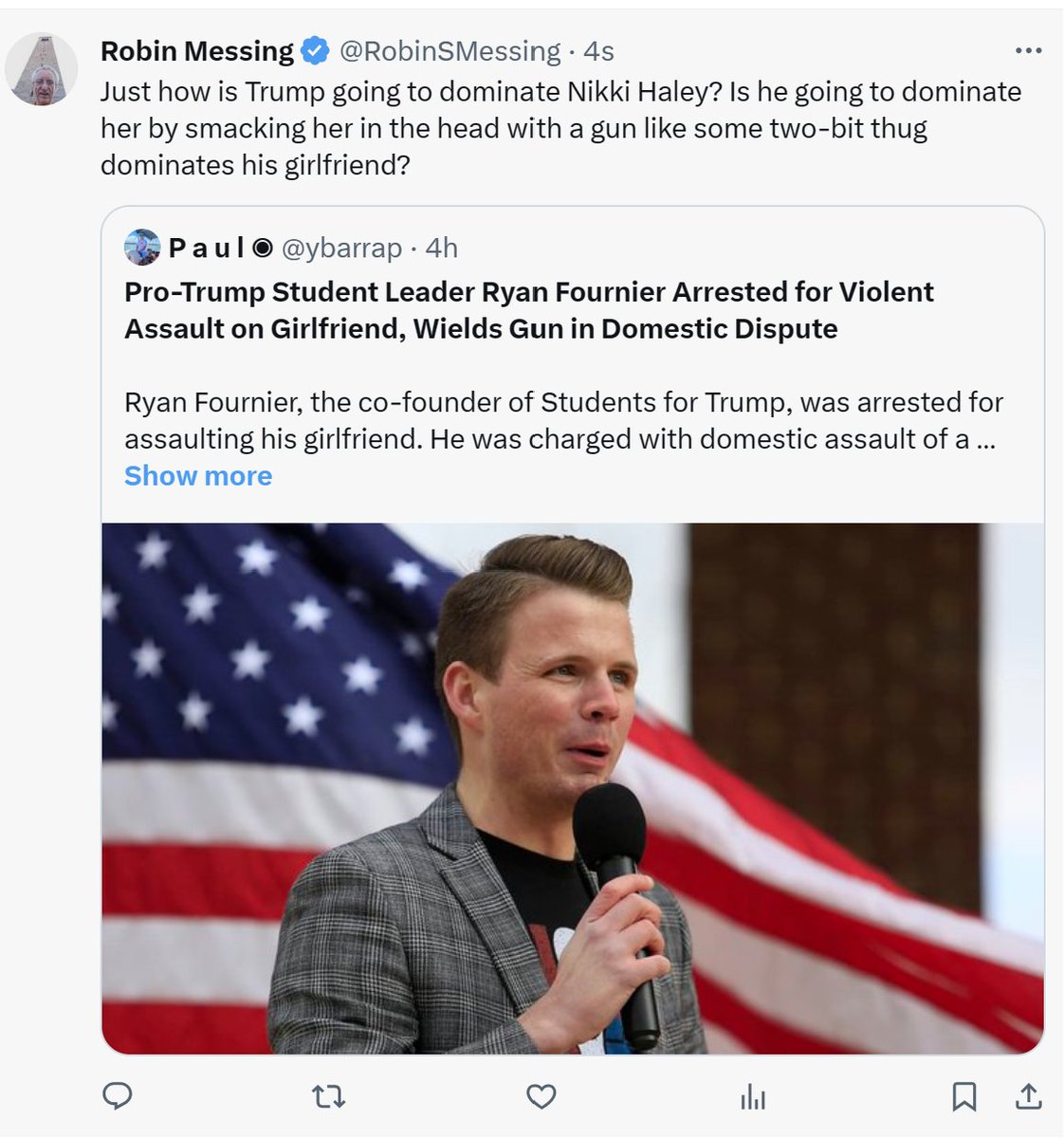 RobinSMessing's tweet photo. @TheRickWilson @Kaylan_TX Students for Trump founder, Ryan Fournier, has now protected his Twitter account. Was it something I said??? I guess the snowflake needs his safe space. What a shy little fella. https://t.co/68u4255IQN