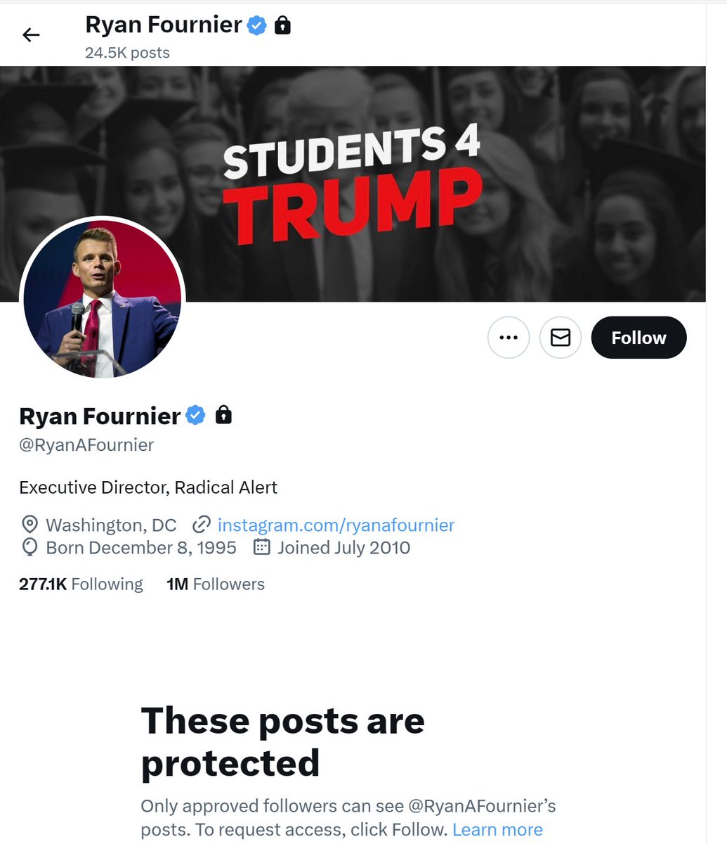 RobinSMessing's tweet photo. @TheRickWilson @Kaylan_TX Students for Trump founder, Ryan Fournier, has now protected his Twitter account. Was it something I said??? I guess the snowflake needs his safe space. What a shy little fella. https://t.co/68u4255IQN