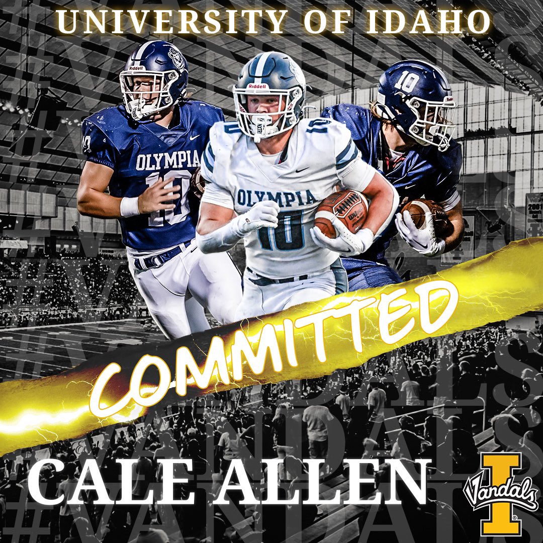 Cale Allen (@allen_cale10) on Twitter photo COMMITTED! Thanks <a href="/Coach_Eck/">Jason Eck</a> <a href="/CoachTFord/">Thomas Ford Jr</a> <a href="/RobAurich/">Coach Aurich</a> and the <a href="/VandalFootball/">Idaho Football</a> staff for this great opportunity!#AGTG <a href="/OlyBearFootball/">Olympia Football</a> <a href="/BrandonHuffman/">Brandon Huffman</a> <a href="/RylandSpencer/">Ryland Spencer™</a> <a href="/CascadiaPreps/">Cascadia Preps</a> <a href="/PrepRedzoneWA/">Prep Redzone Washington</a> COMMITTED! Thanks <a href="/Coach_Eck/">Jason Eck</a> <a href="/CoachTFord/">Thomas Ford Jr</a> <a href="/RobAurich/">Coach Aurich</a> and the <a href="/VandalFootball/">Idaho Football</a> staff for this great opportunity!#AGTG <a href="/OlyBearFootball/">Olympia Football</a> <a href="/BrandonHuffman/">Brandon Huffman</a> <a href="/RylandSpencer/">Ryland Spencer™</a> <a href="/CascadiaPreps/">Cascadia Preps</a> <a href="/PrepRedzoneWA/">Prep Redzone Washington</a>