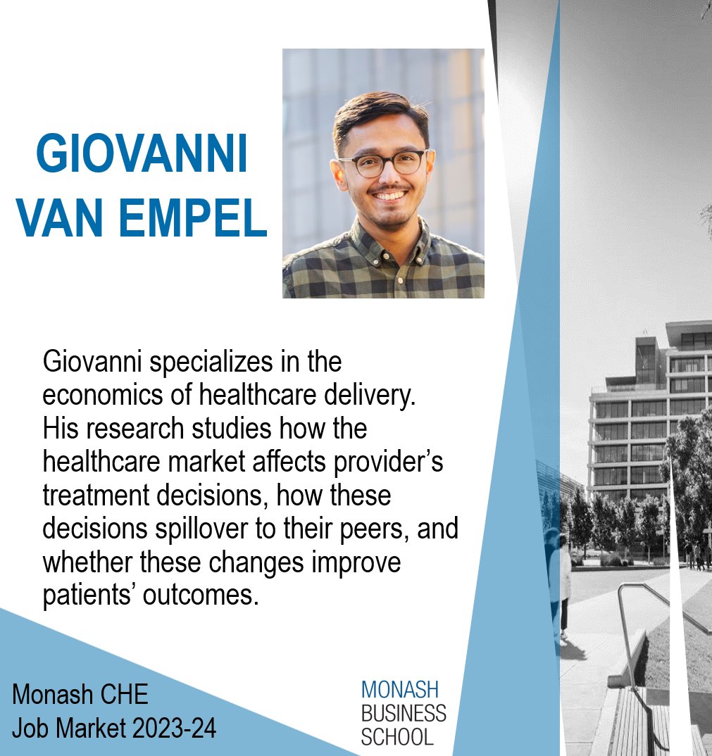 CHE_Monash's tweet photo. #EconJobMarket

Introducing Giovanni van Empel (@Giovanni_Empel)! 

Read his #JMP "Radiating influence? Spillover effects among physicians" here: https://t.co/USdSedH8S9

Learn more about Giovanni at his personal website: https://t.co/KA6FEWlauf https://t.co/OW43fULNTa