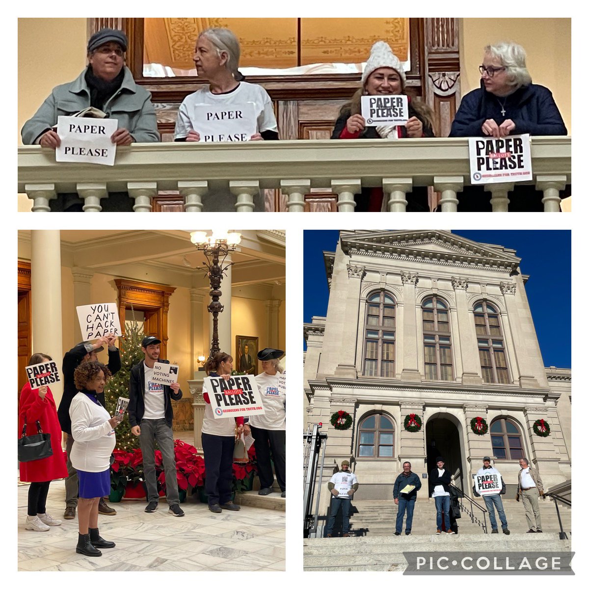 LeighAnnEskew's tweet photo. The ‘Paper Please’ welcoming committee was everywhere you turned at the Gold Dome this morning. Couldn’t miss them! 🇺🇸 
(Security grade paper, hand marked, and hand counted AT the precinct. NO machines!) #GAPol https://t.co/4oS02UYpRU